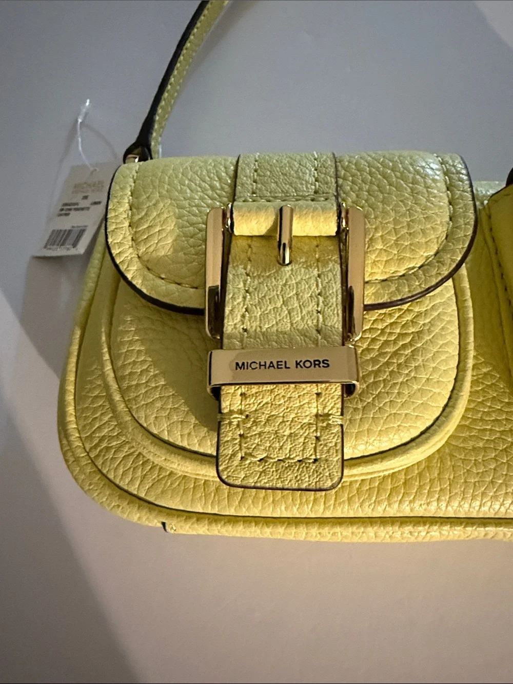 Michael Kors Zoe Lemon Pebbled Leather Shoulder Bag with Front Buckle Pocket.